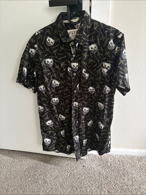 Panda Print Short Sleeve Button-Up Shirt - Black